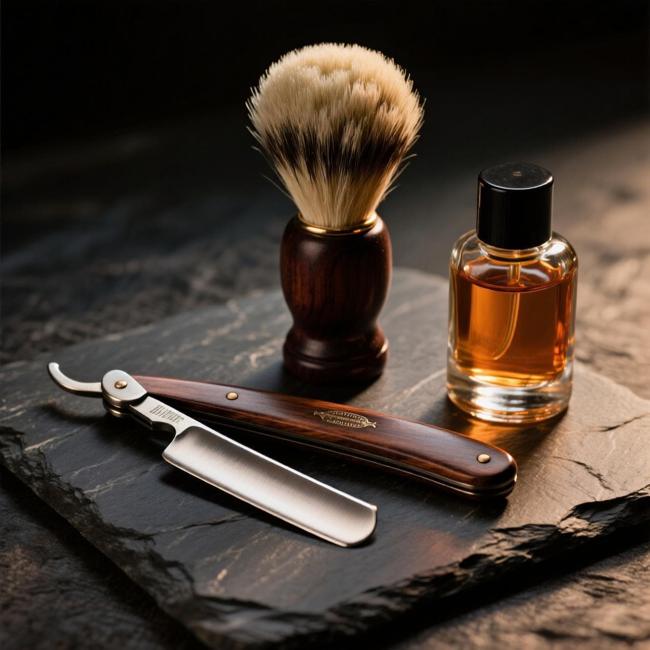 Canto da barbearia com produtos em prateleira de madeira