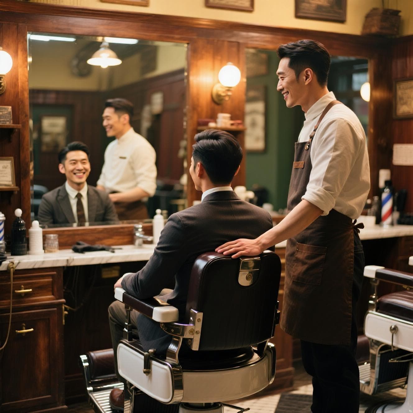 Cliente satisfeito olhando no espelho