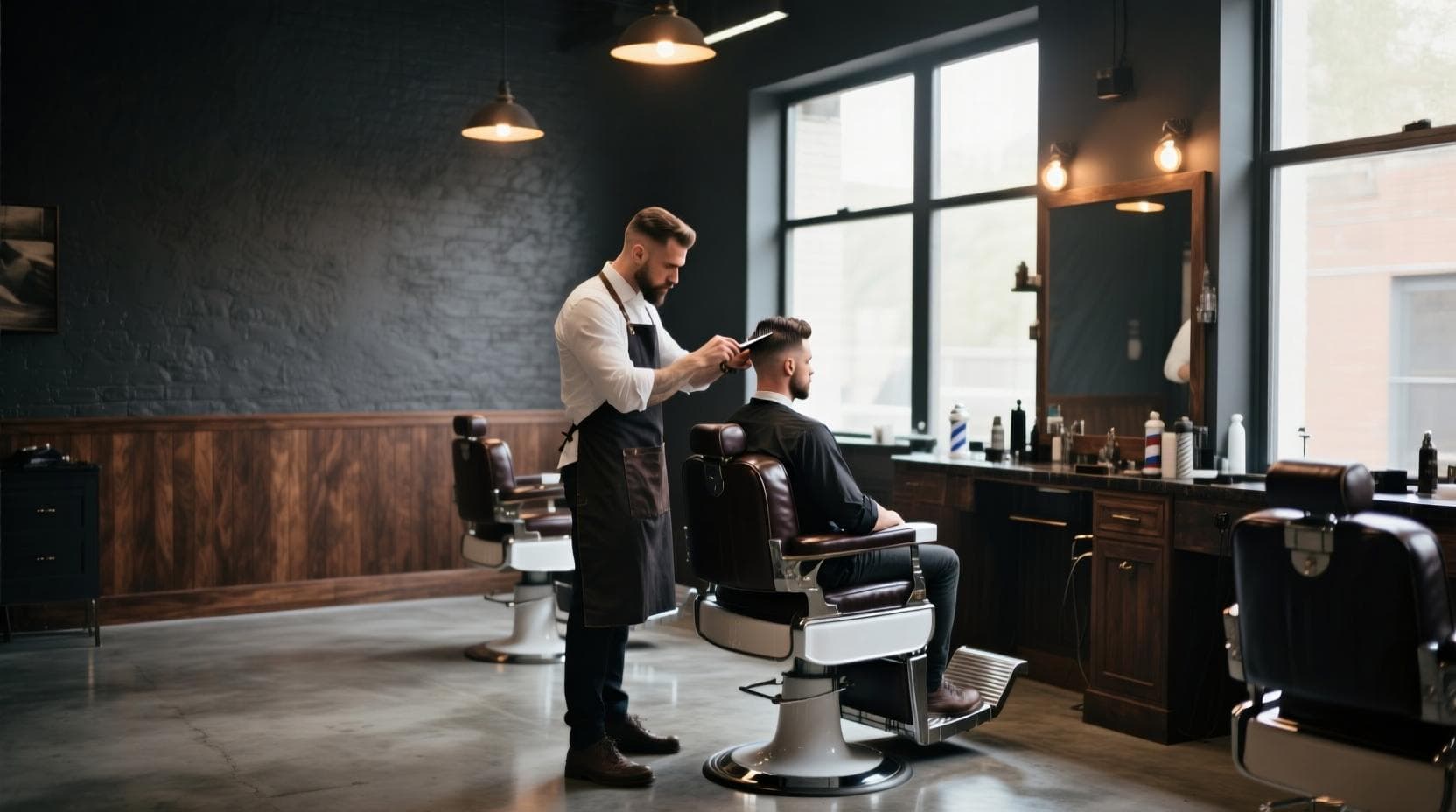 Barbeiro finalizando um corte com navalha