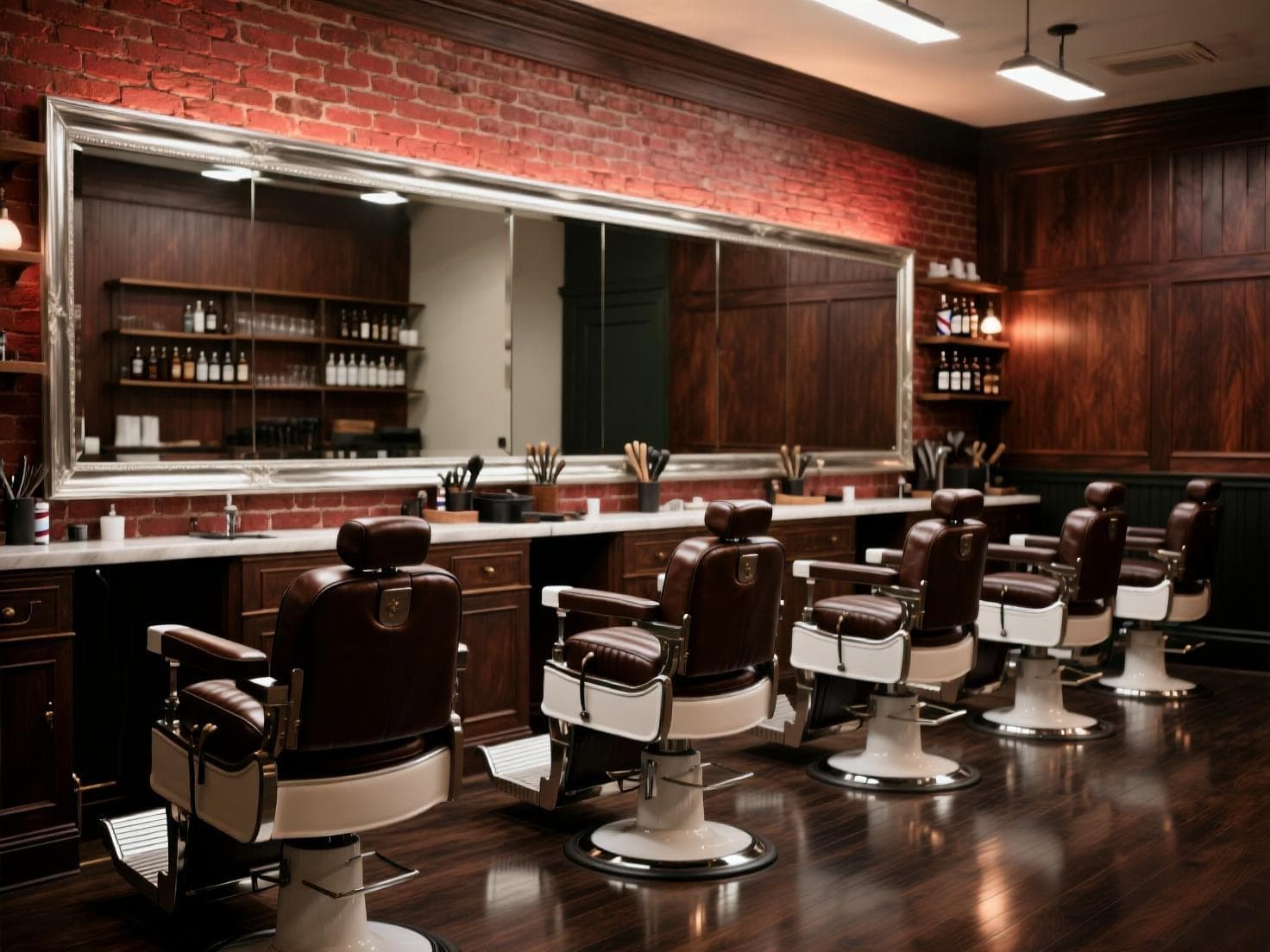 Interior da barbearia com cadeiras de couro e parede de tijolos