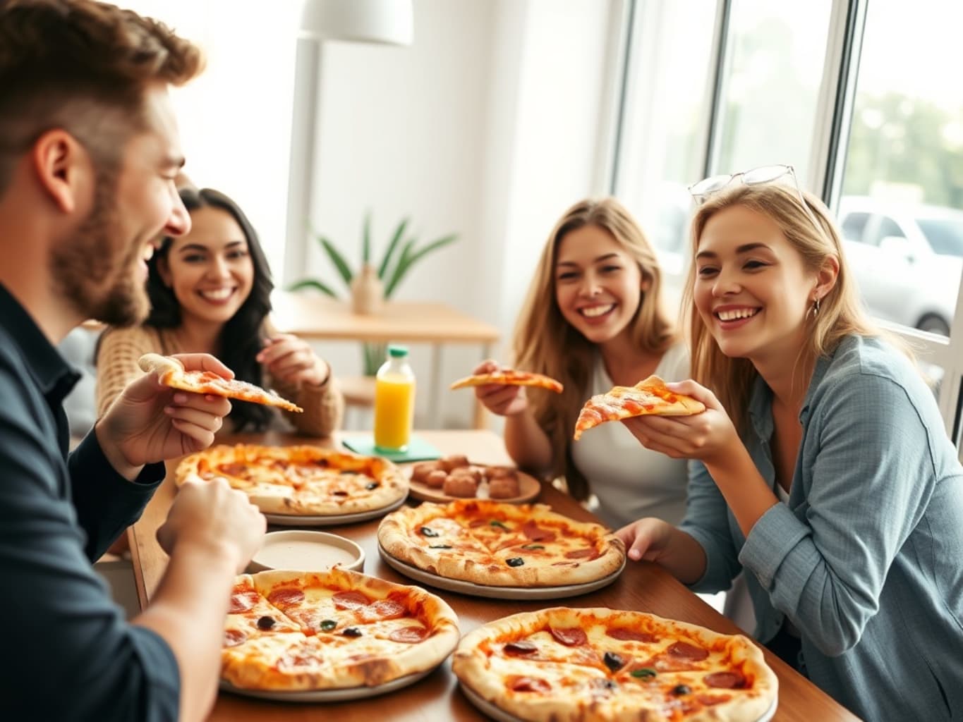 Clientes felizes degustando pizza