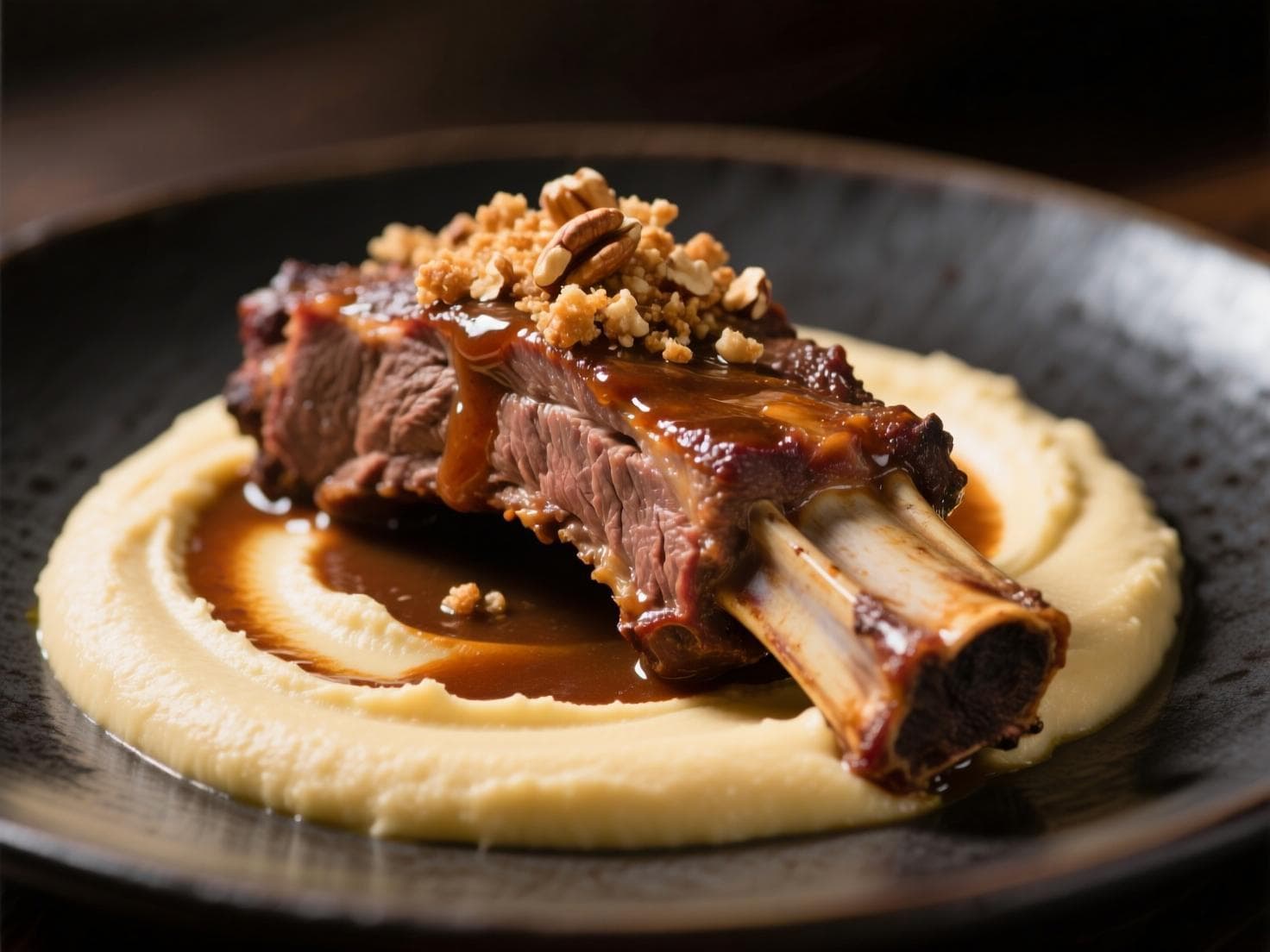 Costela de porco defumada com purê de mandioca